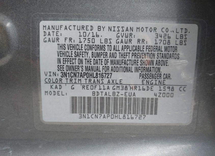 Photo 9 of 2017 Nissan Versa 1.6 SV (VIN 3N1CN7AP0HL816727)