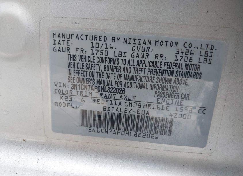 Photo 9 of 2017 Nissan Versa 1.6 SV (VIN 3N1CN7AP0HL822026)