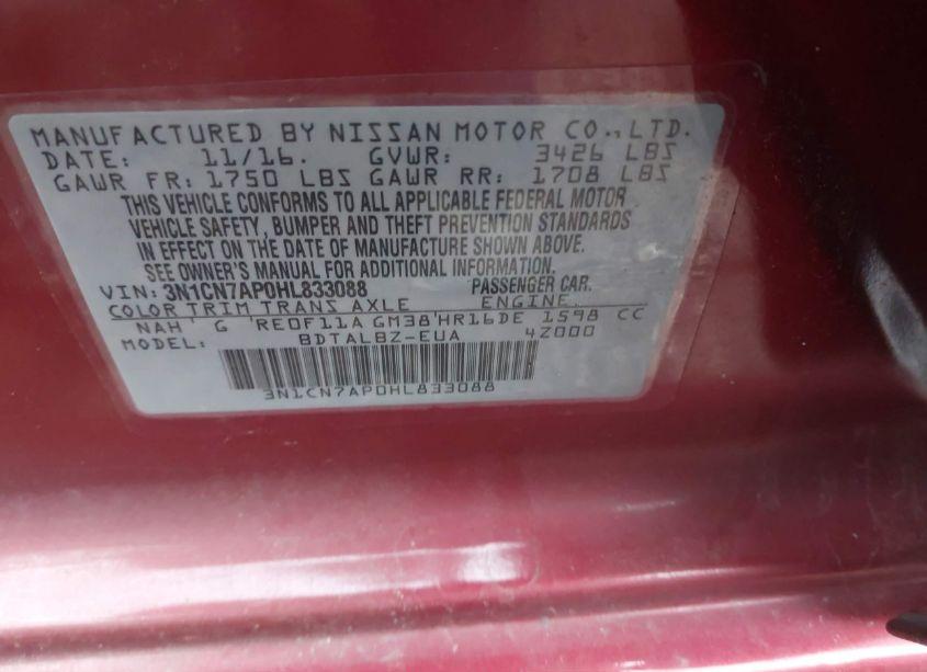 Photo 9 of 2017 Nissan Versa 1.6 SV (VIN 3N1CN7AP0HL833088)