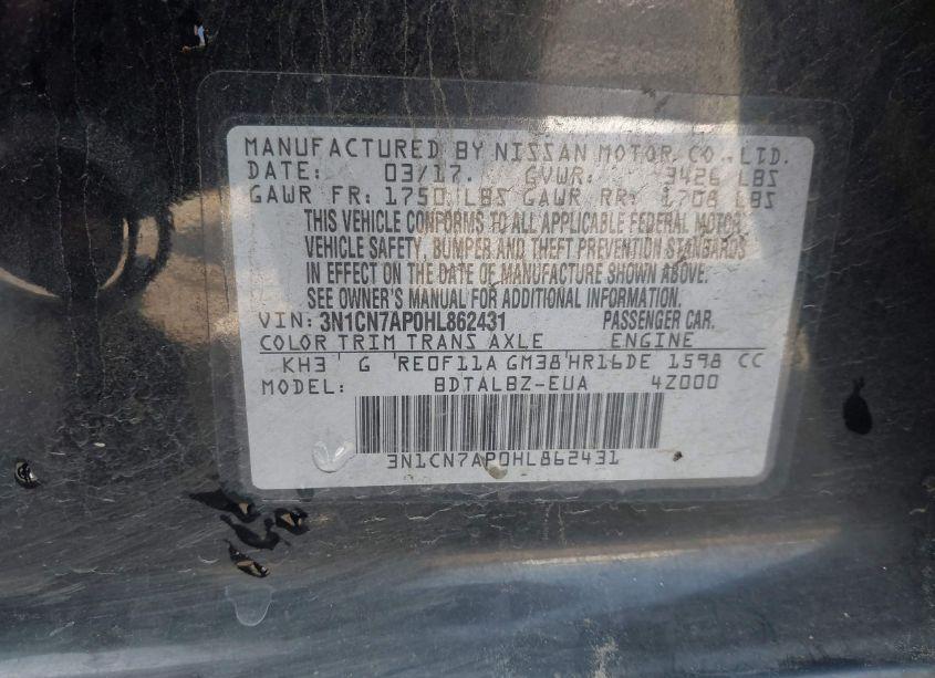 Photo 9 of 2017 Nissan Versa 1.6 SV (VIN 3N1CN7AP0HL862431)