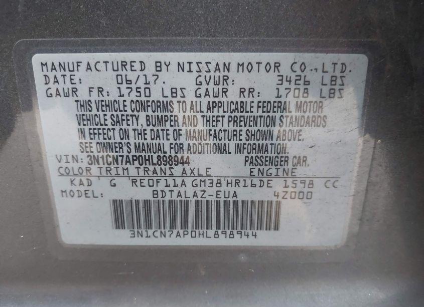 Photo 9 of 2017 Nissan Versa 1.6 S+ (VIN 3N1CN7AP0HL898944)