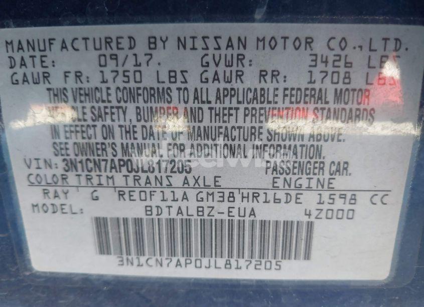 Photo 9 of 2018 Nissan Versa 1.6 SV (VIN 3N1CN7AP0JL817205)