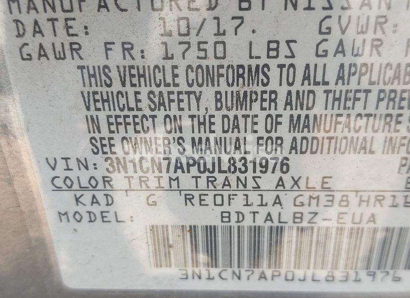 Photo 9 of 2018 Nissan Versa 1.6 SV (VIN 3N1CN7AP0JL831976)