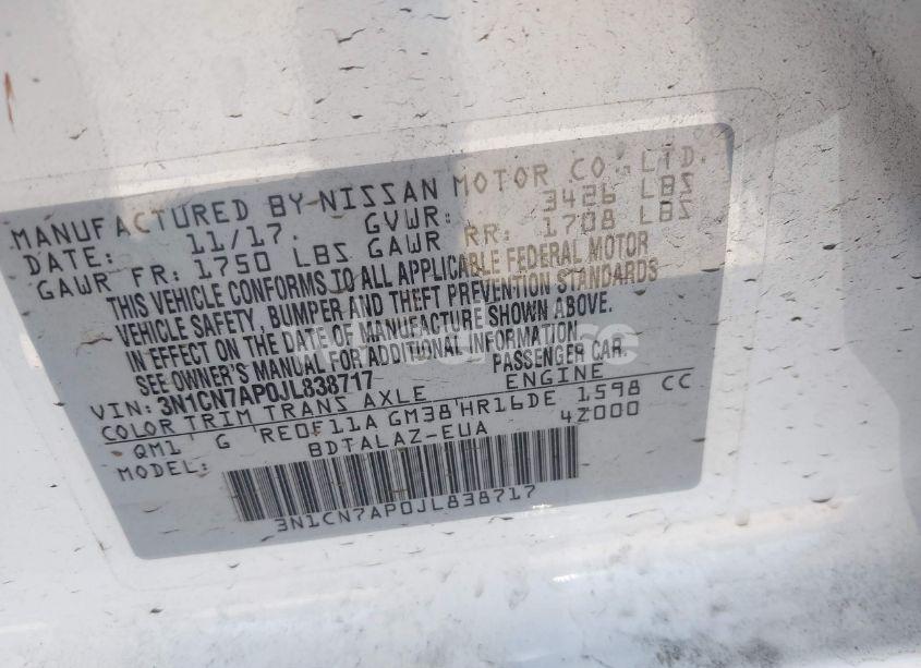 Photo 9 of 2018 Nissan Versa 1.6 S+ (VIN 3N1CN7AP0JL838717)