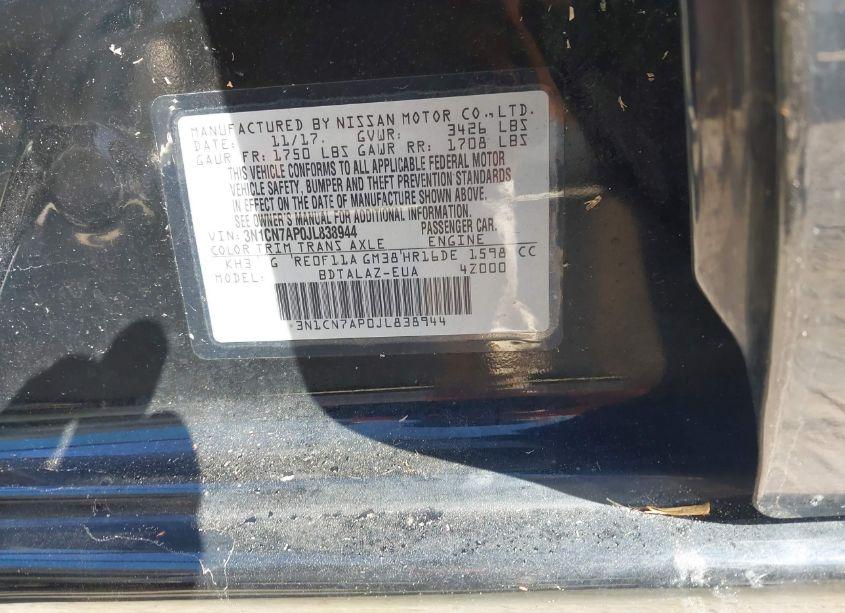 Photo 9 of 2018 Nissan Versa 1.6 S+ (VIN 3N1CN7AP0JL838944)