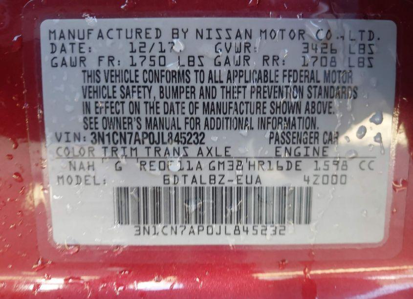 Photo 9 of 2018 Nissan Versa 1.6 SV (VIN 3N1CN7AP0JL845232)