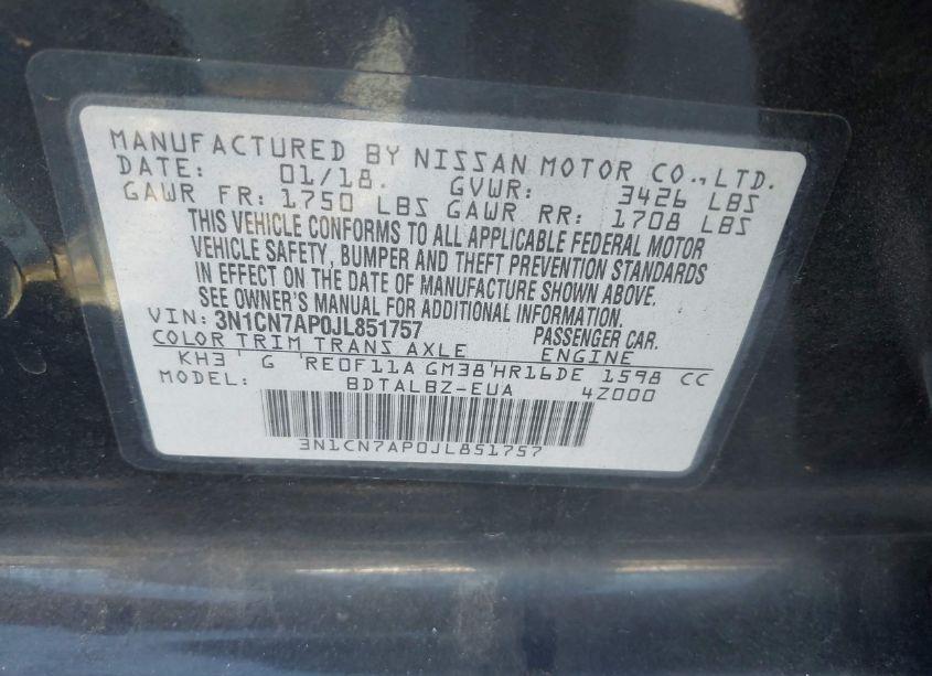 Photo 9 of 2018 Nissan Versa 1.6 SV (VIN 3N1CN7AP0JL851757)