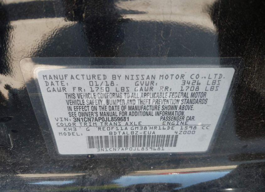 Photo 9 of 2018 Nissan Versa 1.6 SV (VIN 3N1CN7AP0JL859681)