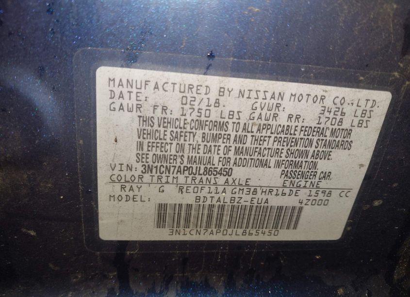 Photo 9 of 2018 Nissan Versa 1.6 SV (VIN 3N1CN7AP0JL865450)