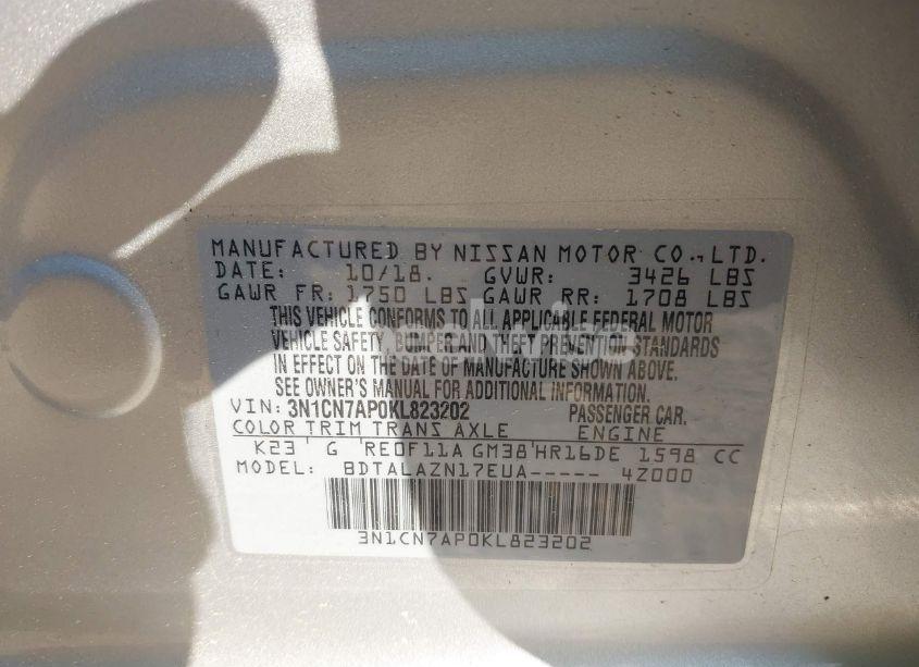 Photo 9 of 2019 Nissan Versa 1.6 S+ (VIN 3N1CN7AP0KL823202)