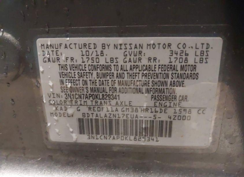 Photo 9 of 2019 Nissan Versa 1.6 S+ (VIN 3N1CN7AP0KL829341)