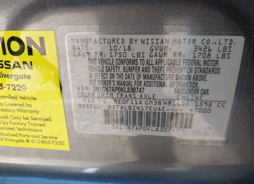 Photo 9 of 2019 Nissan Versa 1.6 SV (VIN 3N1CN7AP0KL830747)