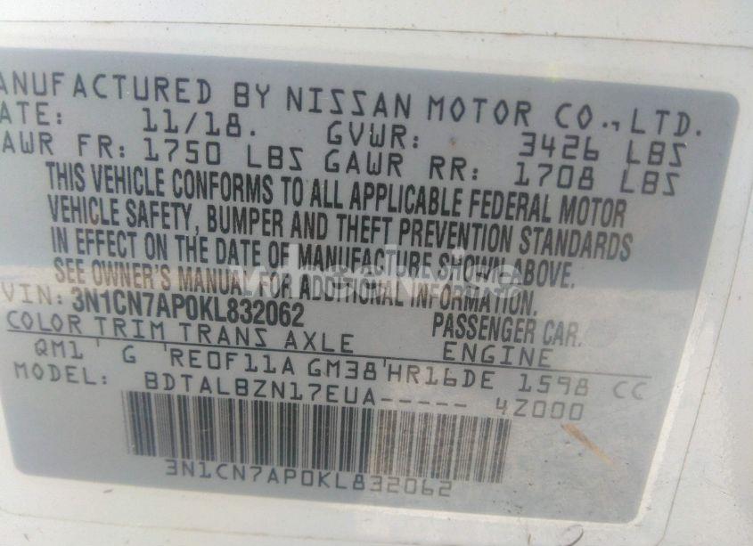 Photo 9 of 2019 Nissan Versa 1.6 SV (VIN 3N1CN7AP0KL832062)