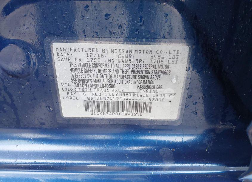 Photo 9 of 2019 Nissan Versa 1.6 SV (VIN 3N1CN7AP0KL840596)