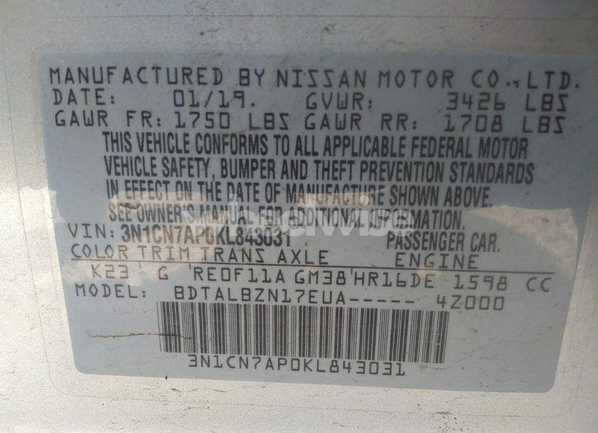 Photo 9 of 2019 Nissan Versa 1.6 SV (VIN 3N1CN7AP0KL843031)