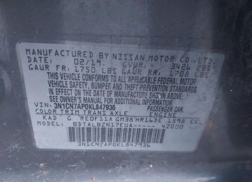 Photo 9 of 2019 Nissan Versa 1.6 SV (VIN 3N1CN7AP0KL847936)