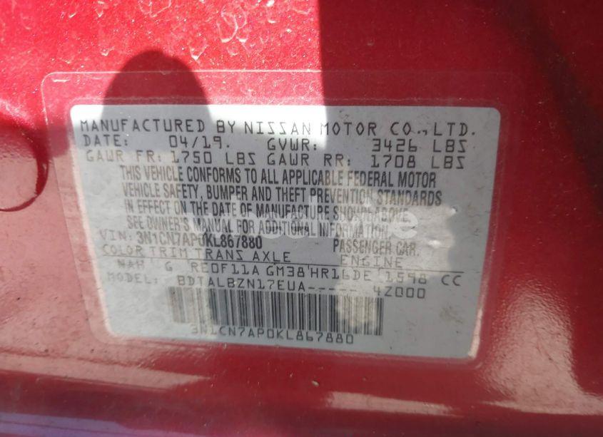 Photo 9 of 2019 Nissan Versa 1.6 SV (VIN 3N1CN7AP0KL867880)