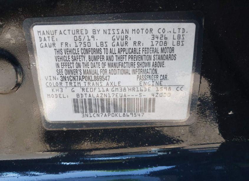 Photo 9 of 2019 Nissan Versa 1.6 S+ (VIN 3N1CN7AP0KL869547)