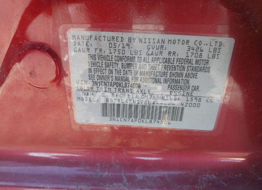 Photo 9 of 2019 Nissan Versa 1.6 S+ (VIN 3N1CN7AP0KL874506)