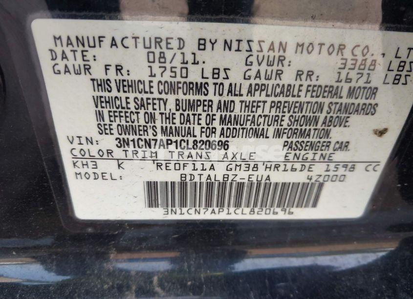 Photo 9 of 2012 Nissan Versa 1.6 SV (VIN 3N1CN7AP1CL820696)