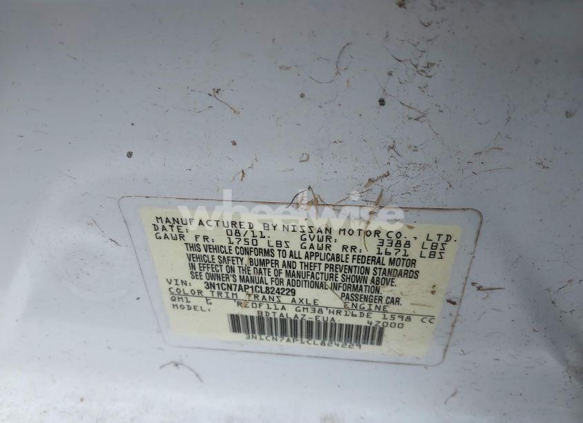 Photo 9 of 2012 Nissan Versa 1.6 S (VIN 3N1CN7AP1CL824229)