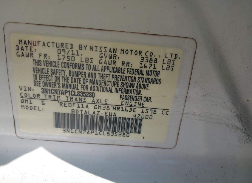 Photo 9 of 2012 Nissan Versa 1.6 S (VIN 3N1CN7AP1CL835280)