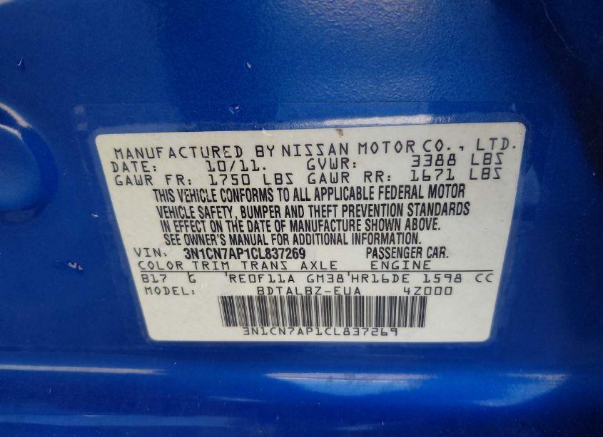 Photo 9 of 2012 Nissan Versa 1.6 SV (VIN 3N1CN7AP1CL837269)