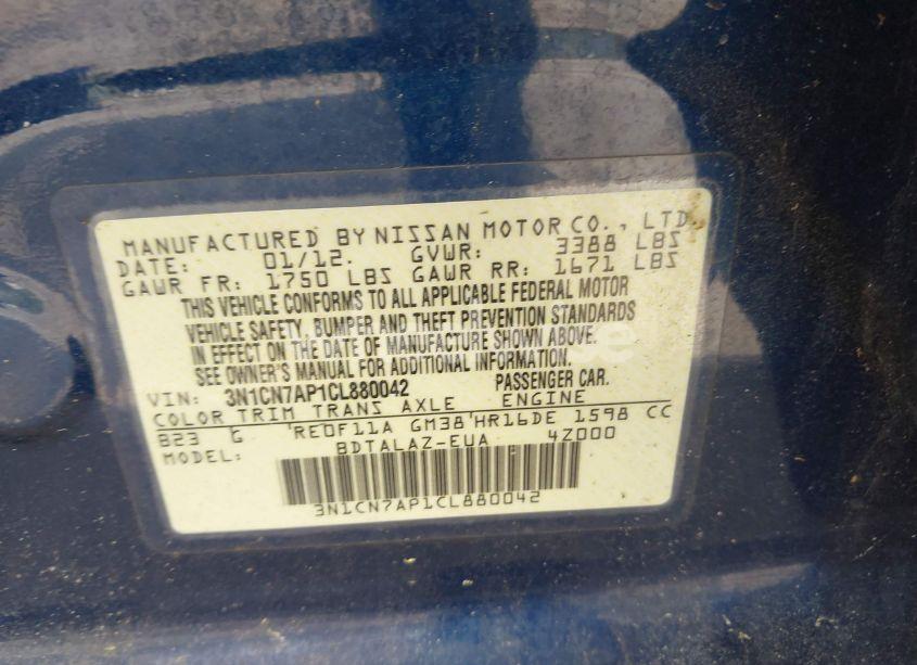 Photo 9 of 2012 Nissan Versa 1.6 S (VIN 3N1CN7AP1CL880042)