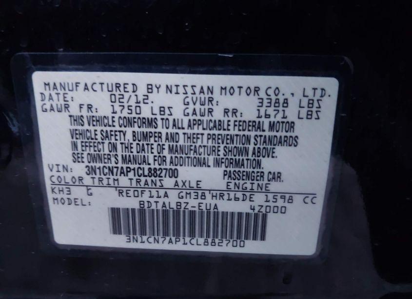 Photo 9 of 2012 Nissan Versa 1.6 SV (VIN 3N1CN7AP1CL882700)