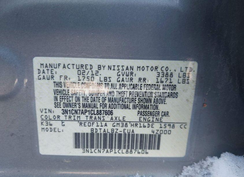 Photo 9 of 2012 Nissan Versa 1.6 SV (VIN 3N1CN7AP1CL887606)