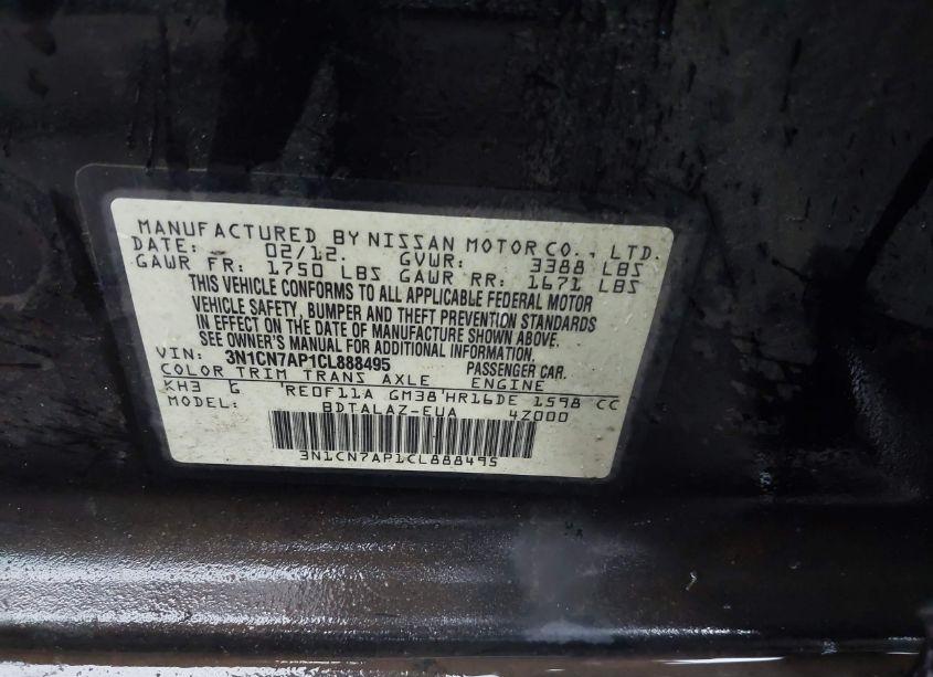 Photo 9 of 2012 Nissan Versa 1.6 S (VIN 3N1CN7AP1CL888495)