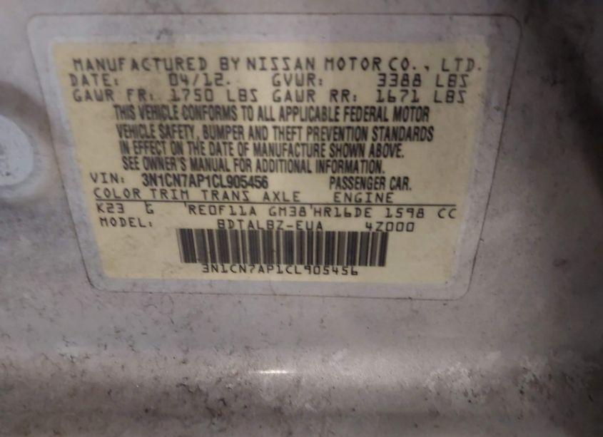 Photo 9 of 2012 Nissan Versa 1.6 SV (VIN 3N1CN7AP1CL905456)