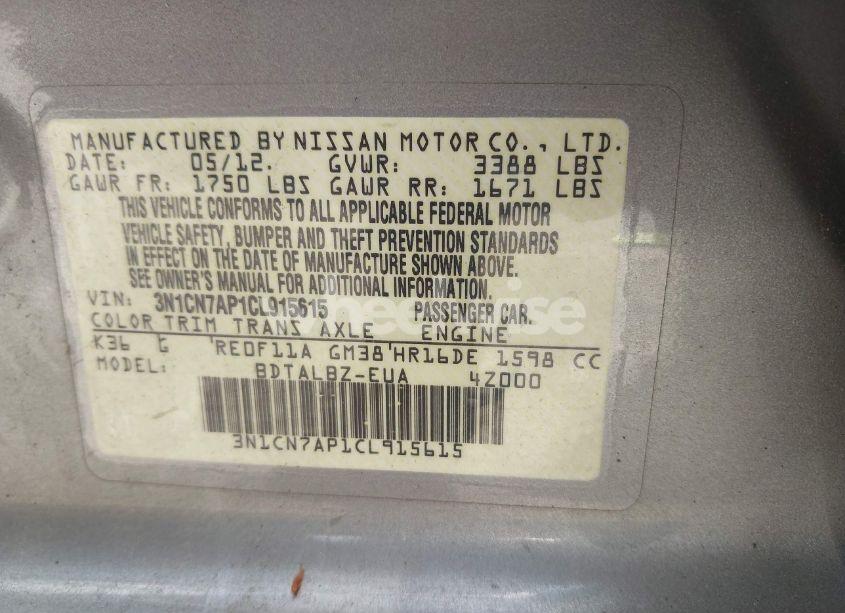 Photo 9 of 2012 Nissan Versa 1.6 SV (VIN 3N1CN7AP1CL915615)