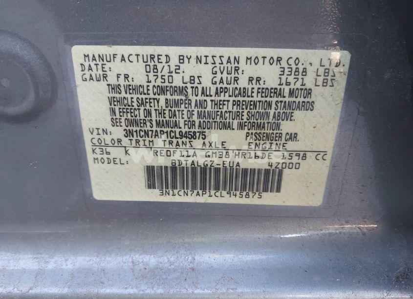 Photo 9 of 2012 Nissan Versa 1.6 SL (VIN 3N1CN7AP1CL945875)