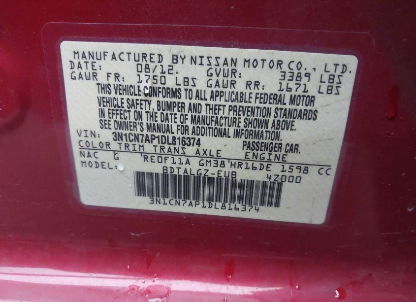 Photo 9 of 2013 Nissan Versa 1.6 SL (VIN 3N1CN7AP1DL816374)