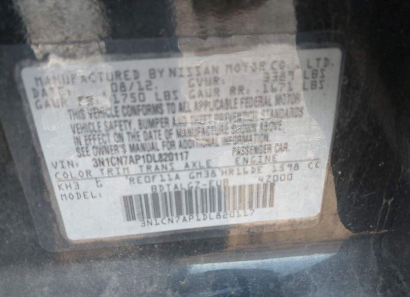 Photo 9 of 2013 Nissan Versa 1.6 SL (VIN 3N1CN7AP1DL820117)