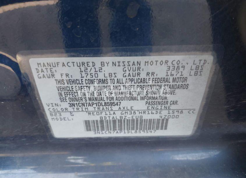 Photo 9 of 2013 Nissan Versa 1.6 SV (VIN 3N1CN7AP1DL859547)