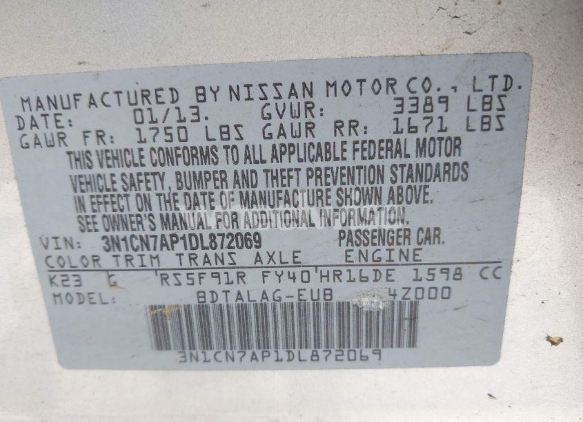 Photo 9 of 2013 Nissan Versa 1.6 S (VIN 3N1CN7AP1DL872069)