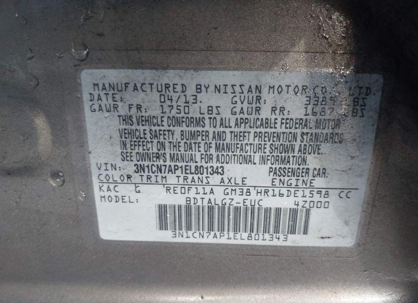 Photo 9 of 2014 Nissan Versa 1.6 SL (VIN 3N1CN7AP1EL801343)