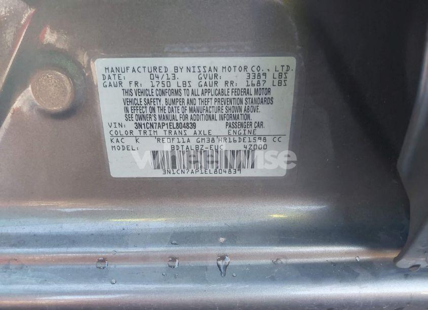 Photo 9 of 2014 Nissan Versa 1.6 SV (VIN 3N1CN7AP1EL804839)