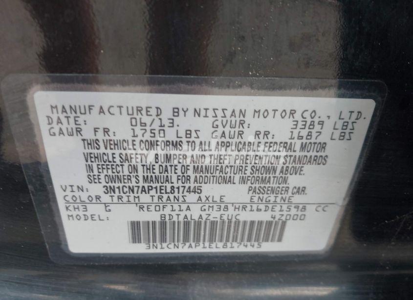 Photo 9 of 2014 Nissan Versa 1.6 S+ (VIN 3N1CN7AP1EL817445)