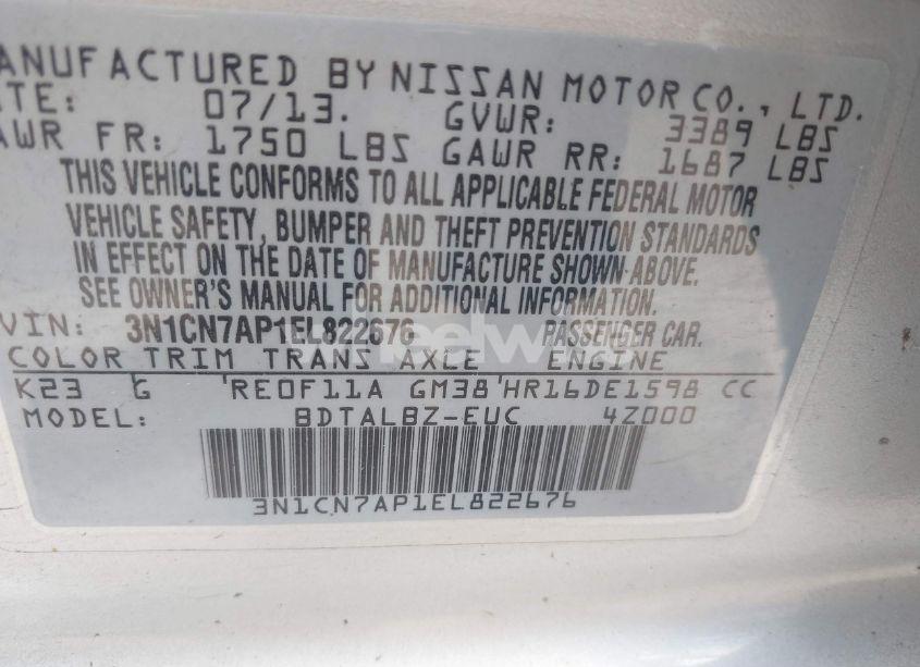 Photo 9 of 2014 Nissan Versa 1.6 SV (VIN 3N1CN7AP1EL822676)