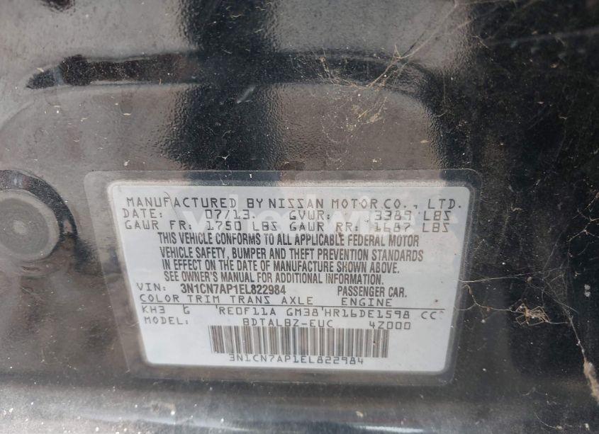 Photo 9 of 2014 Nissan Versa 1.6 SV (VIN 3N1CN7AP1EL822984)