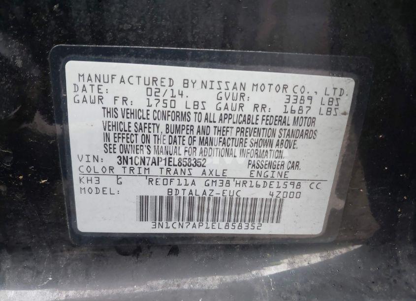 Photo 9 of 2014 Nissan Versa 1.6 S+ (VIN 3N1CN7AP1EL858352)