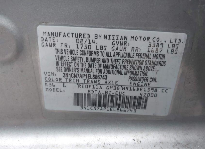 Photo 9 of 2014 Nissan Versa 1.6 SV (VIN 3N1CN7AP1EL866743)