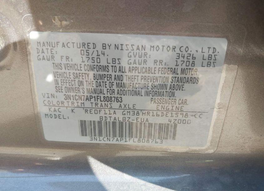 Photo 9 of 2015 Nissan Versa 1.6 S/1.6 S+/1.6 SL/1.6 SV (VIN 3N1CN7AP1FL808763)