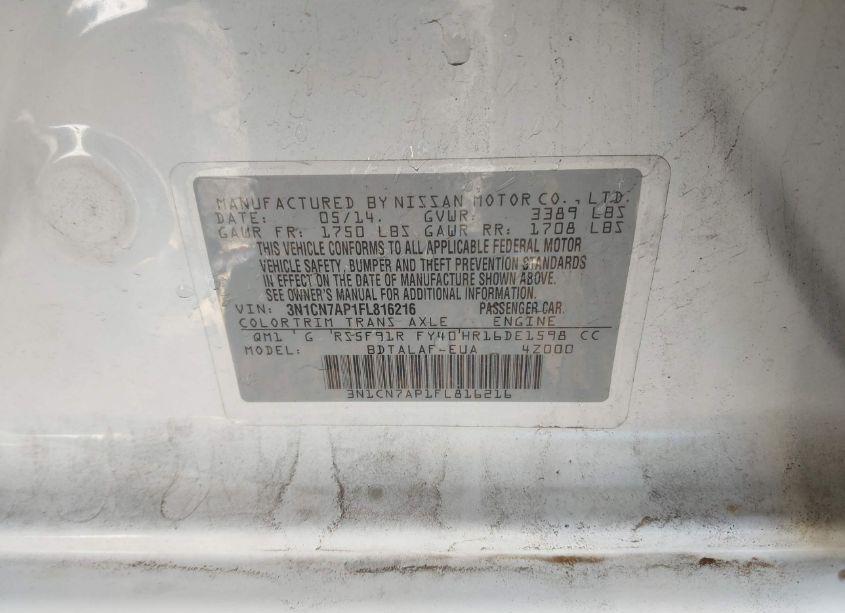 Photo 9 of 2015 Nissan Versa 1.6 S (VIN 3N1CN7AP1FL816216)