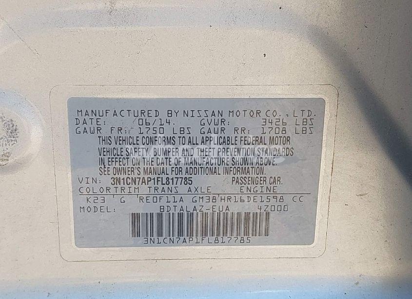 Photo 9 of 2015 Nissan Versa 1.6 S+ (VIN 3N1CN7AP1FL817785)