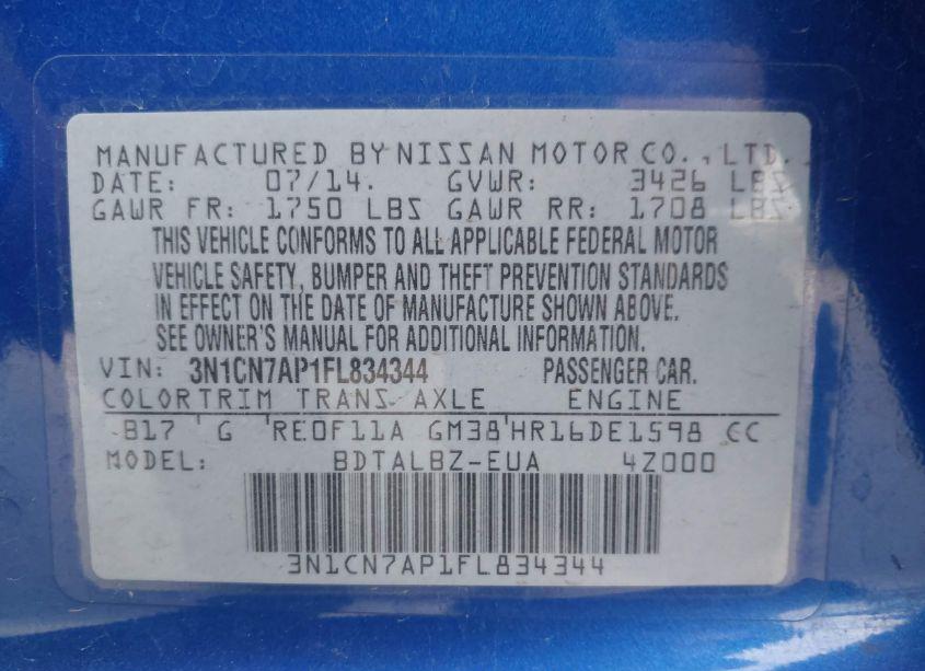 Photo 9 of 2015 Nissan Versa 1.6 SV (VIN 3N1CN7AP1FL834344)