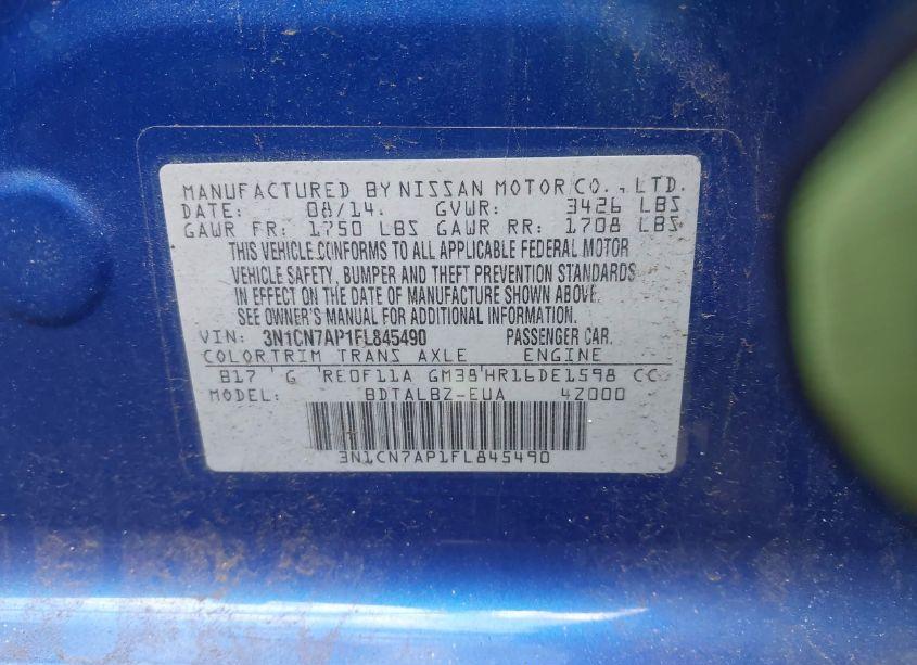 Photo 9 of 2015 Nissan Versa 1.6 SV (VIN 3N1CN7AP1FL845490)